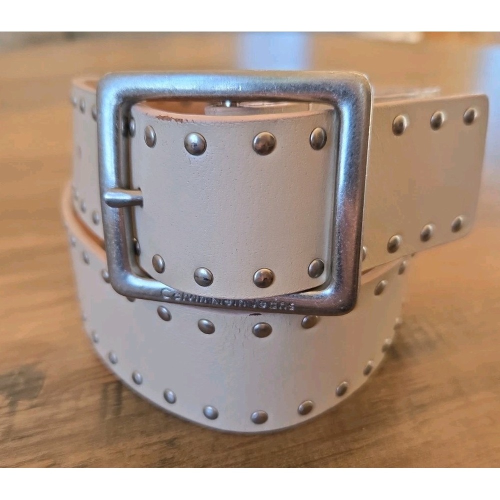 VTG Calvin Klein Jeans Co Genuine Leather Studded Belt Cream/Silver S 28-32